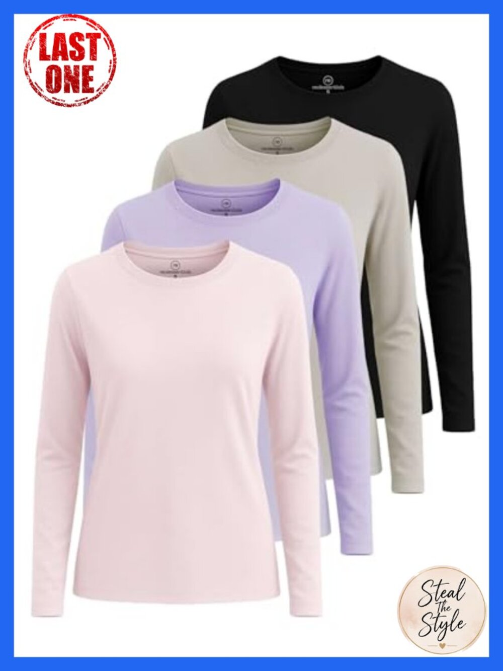 Cotton Blend Long Sleeve Crewneck T-Shirts 4 Pack Workout Basic Tops